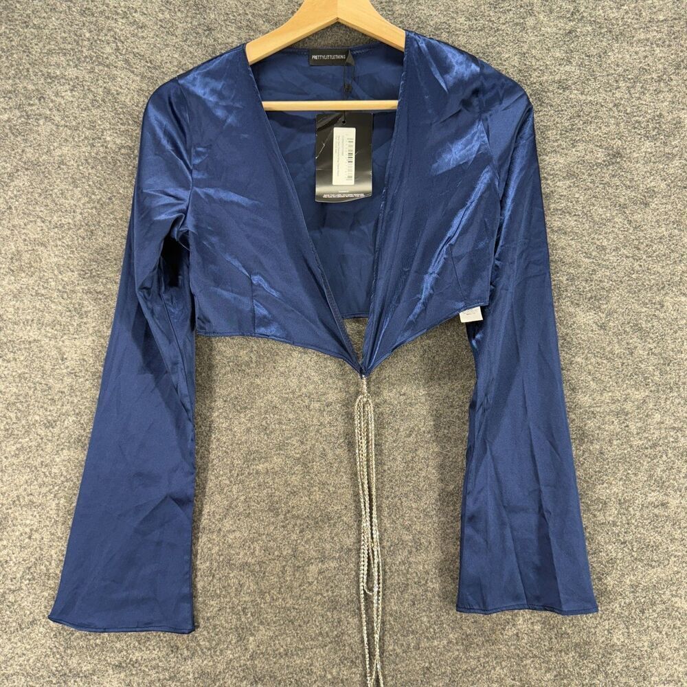 New PrettyLittleThings Cropped Top Women 6 Blue V-Neck Tie Up Long Sleeve Casual